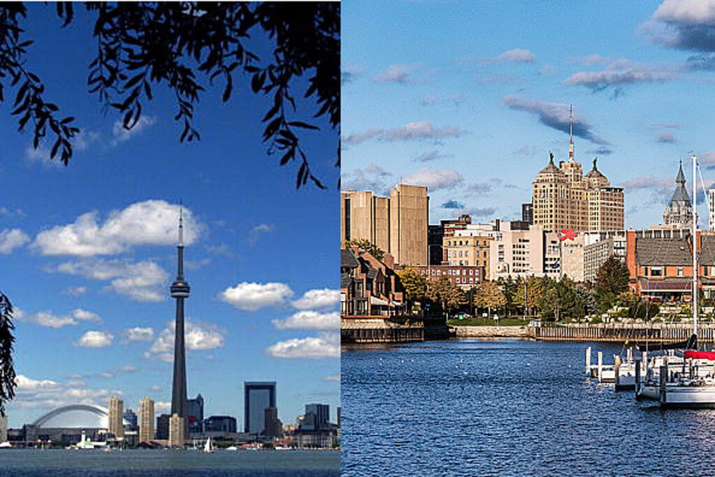 Scenic view of a highway and city skyline, representing travel from **Toronto to Buffalo New York